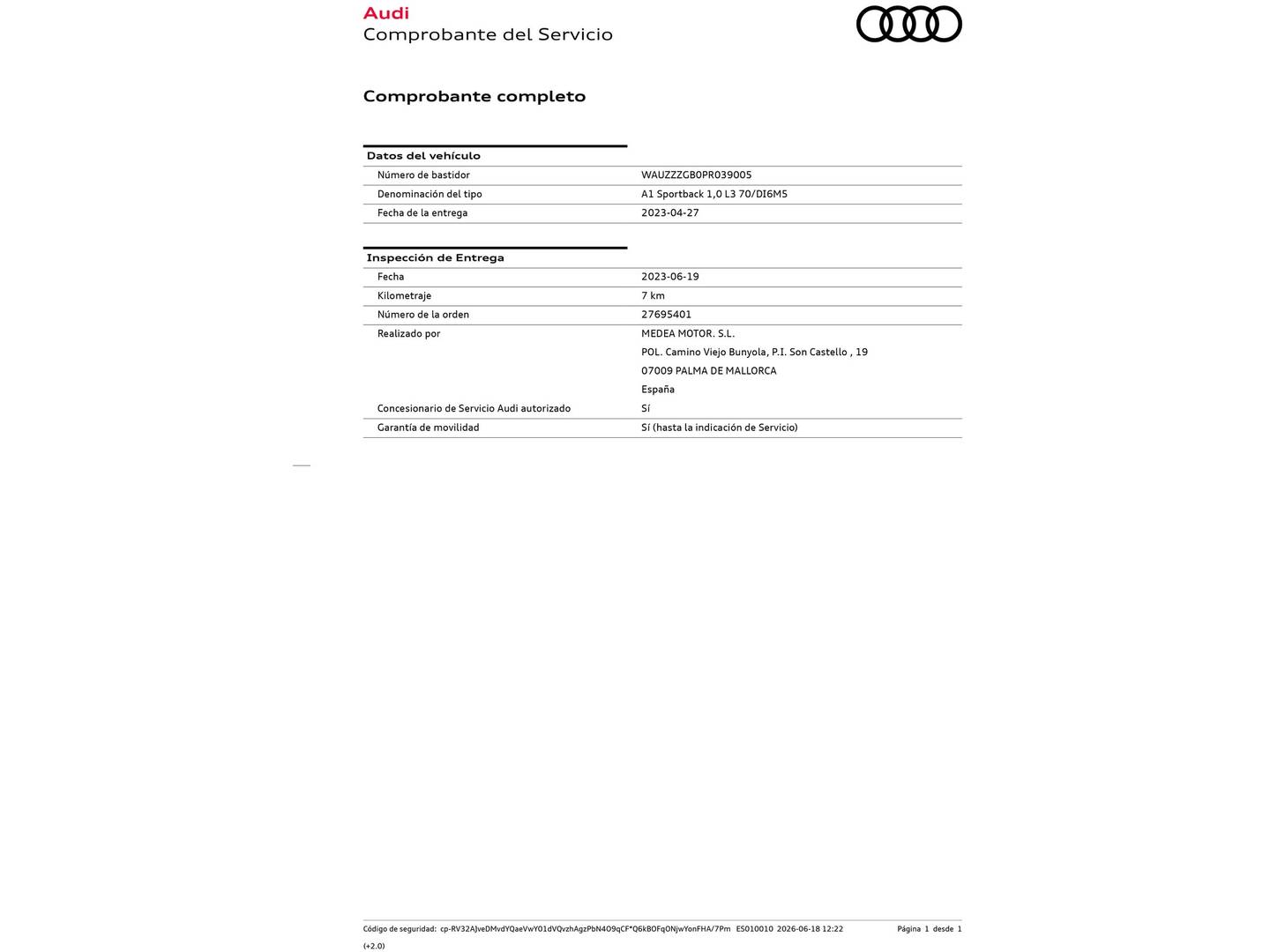Foto del mantenimiento del Audi A1 Audi A1 Sportback Adrenalin edition 25 TFSI (95 CV) Pack S-Line