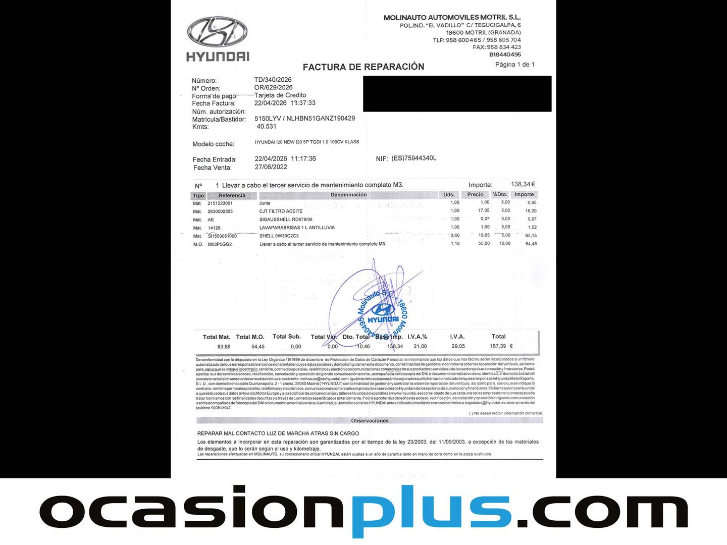 Foto del mantenimiento del Hyundai i20 Hyundai i20 1.0 TGDI Klass (100 CV)