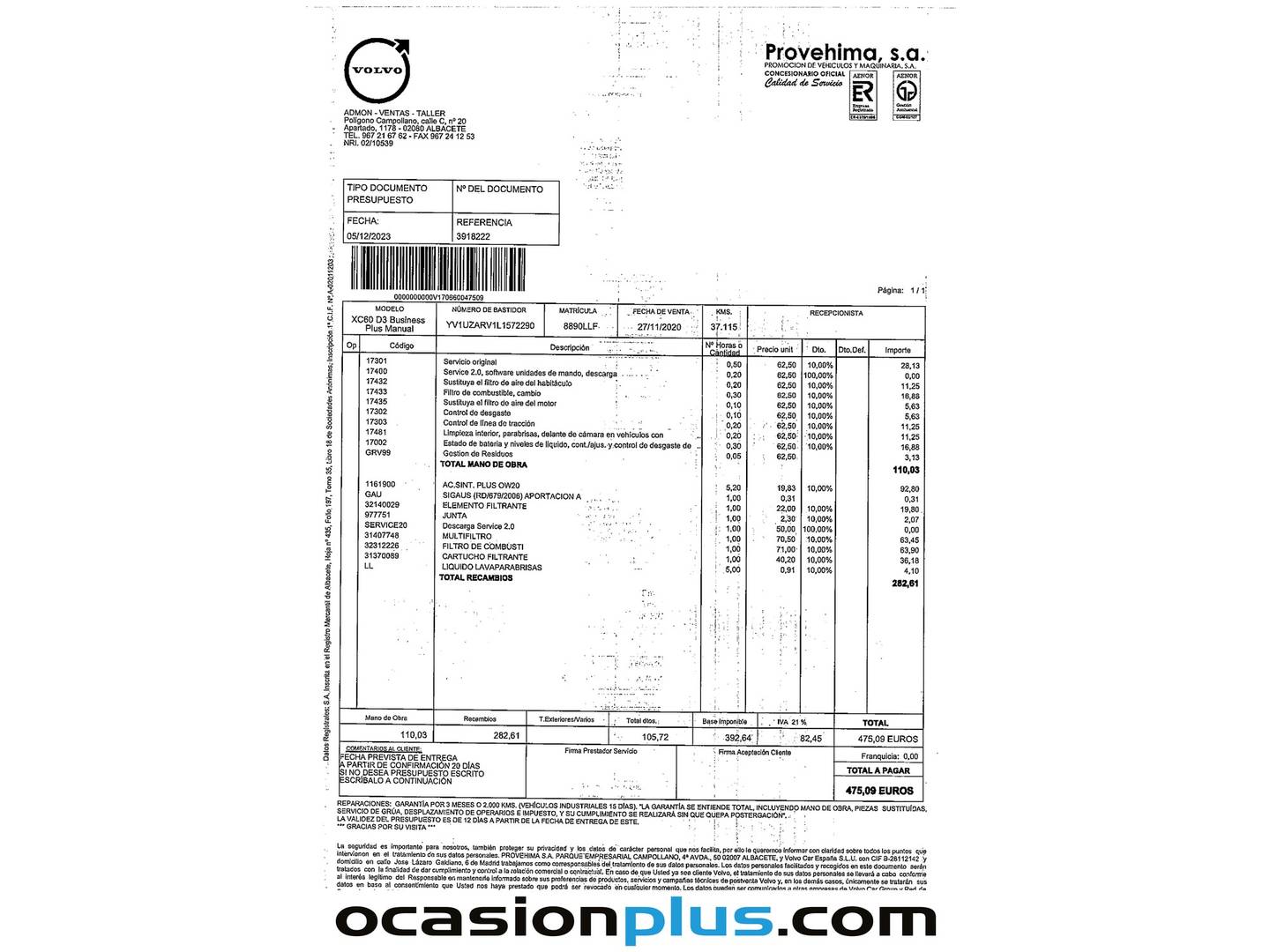 Foto del mantenimiento del Volvo XC60 Volvo XC60 D3 Business Plus (150 CV)