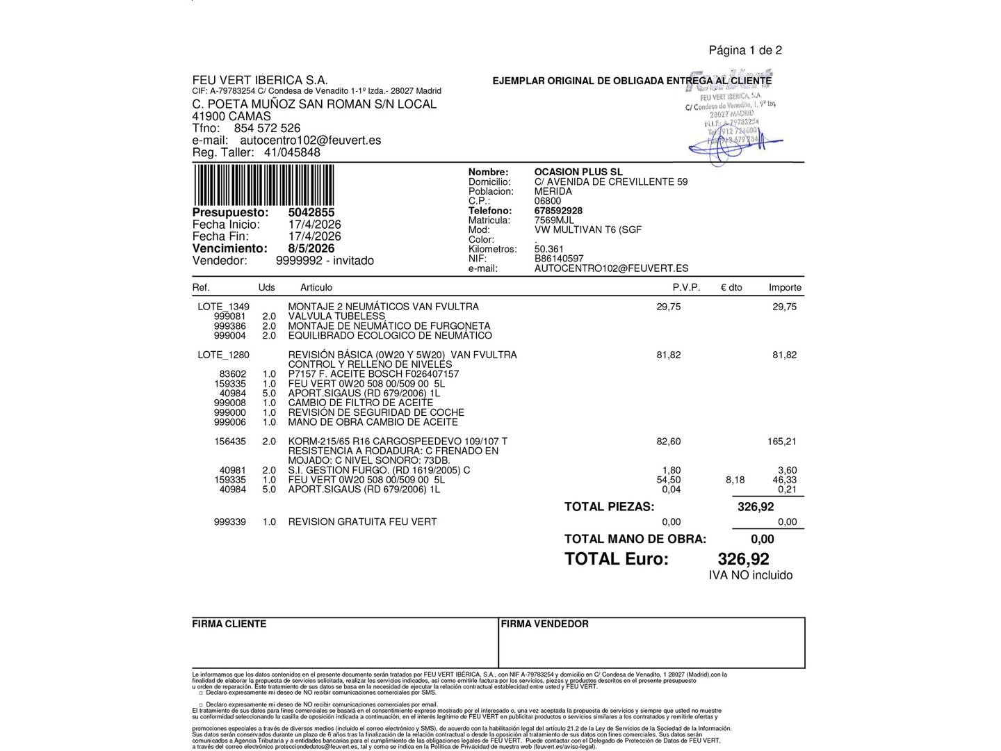 Foto del mantenimiento del Volkswagen Caravelle Volkswagen Caravelle Origin Batalla Corta 2.0 TDI BMT (110 CV)