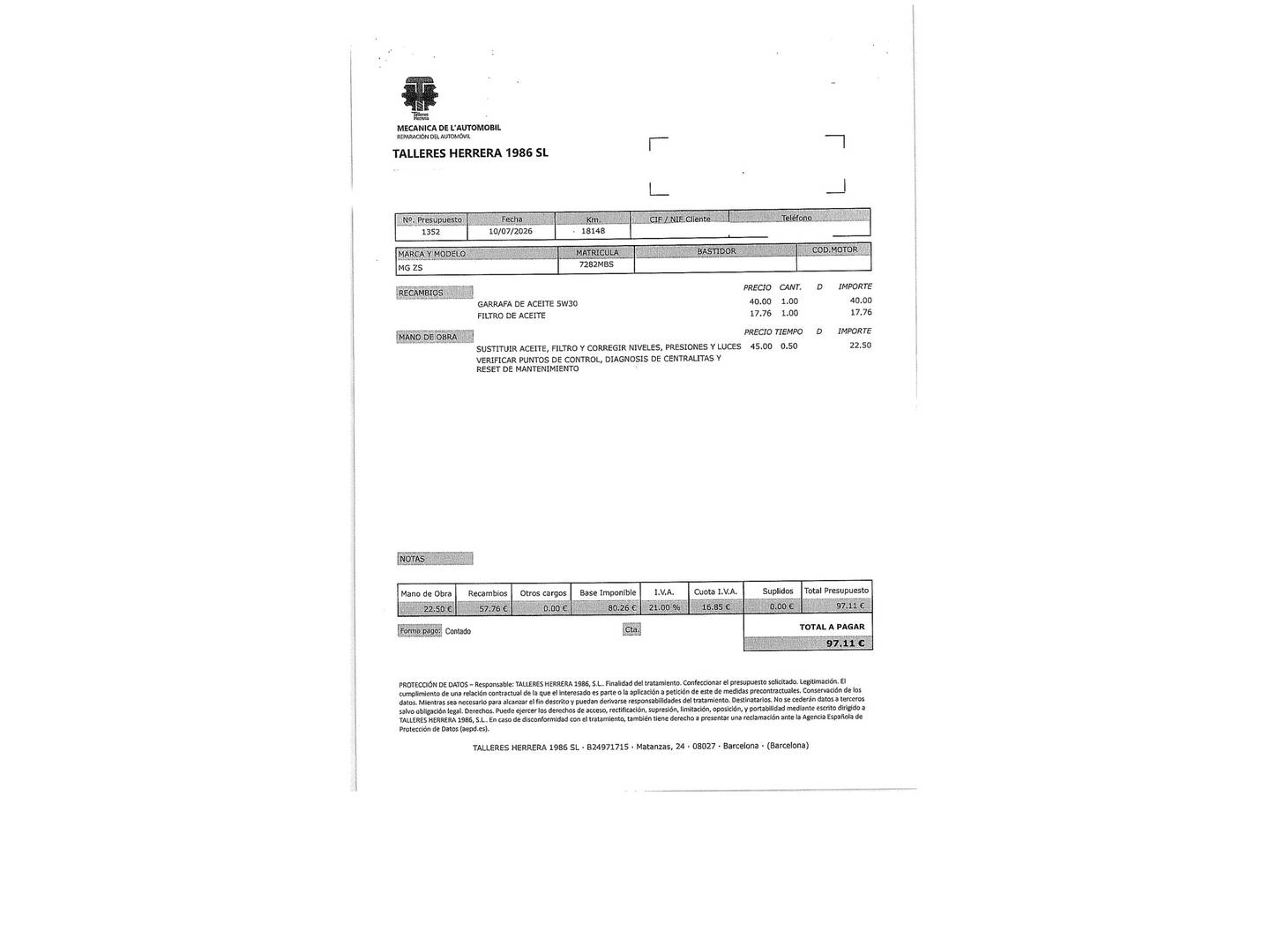 Foto del mantenimiento del MG ZS MG ZS 1.5 Luxury (106 CV)