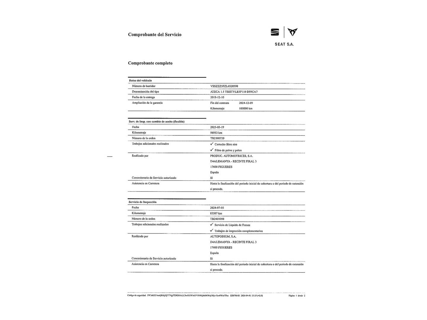 Foto del mantenimiento del Seat Ateca Seat Ateca 1.5 TSI Style DSG (150 CV)