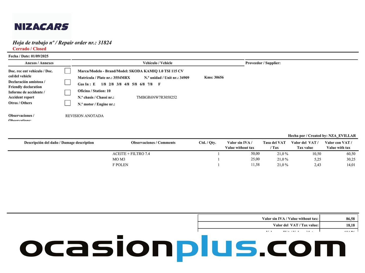 Foto del mantenimiento del Skoda Kamiq Skoda Kamiq 1.0 TSI Selection DSG (115 CV)
