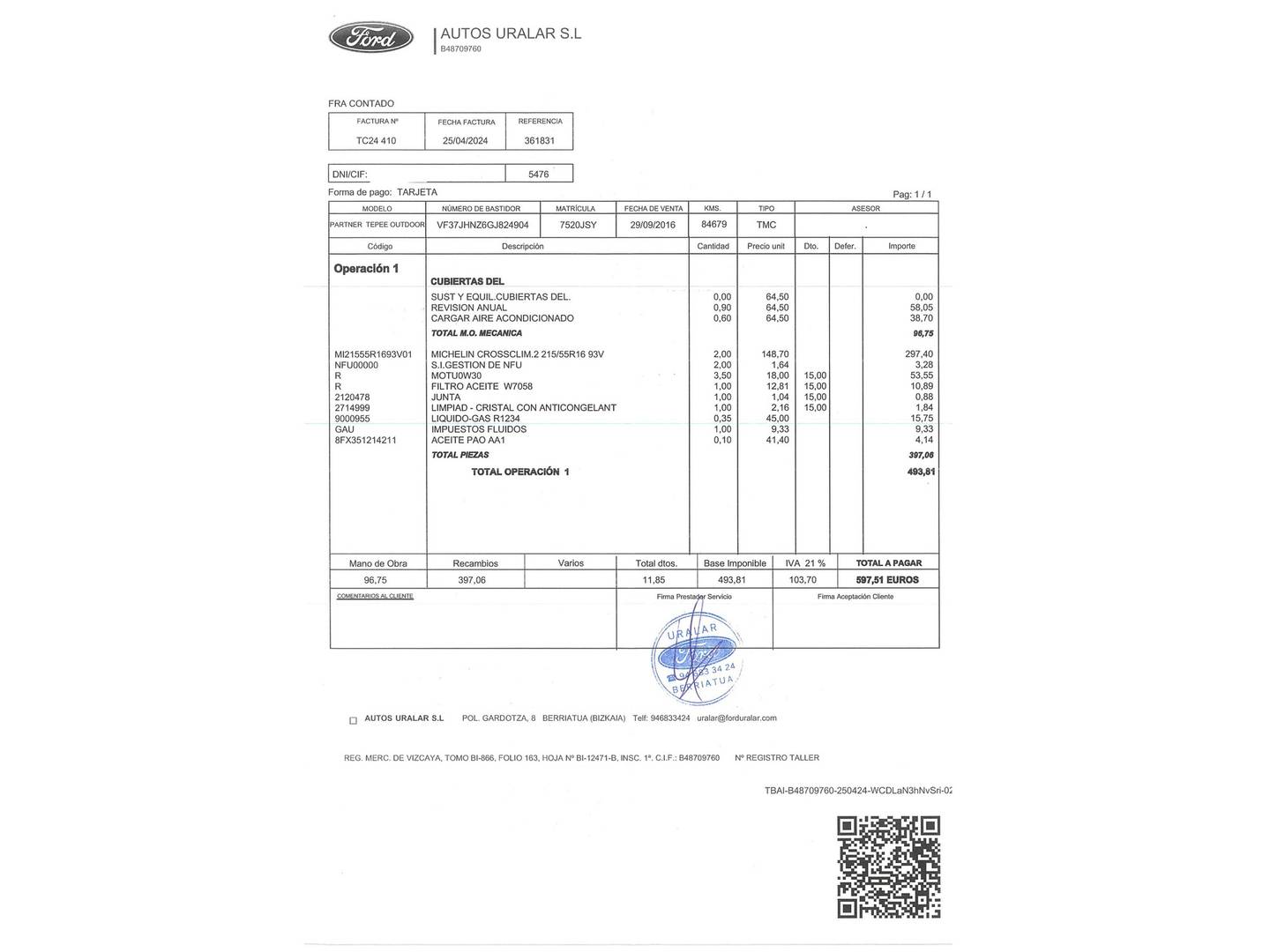 Foto del mantenimiento del Peugeot Partner Peugeot Partner Tepee Combi 1.2 PureTech Outdoor (110 CV)
