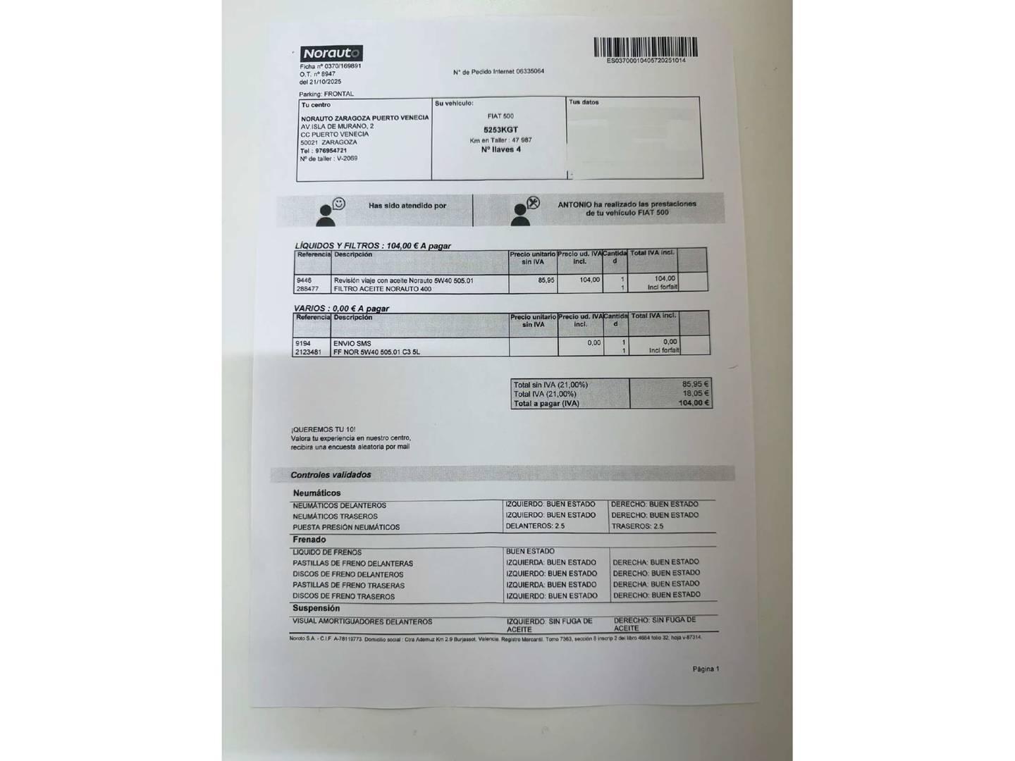 Foto del mantenimiento del Fiat 500 Fiat 500 1.2 8v Lounge (69 CV)