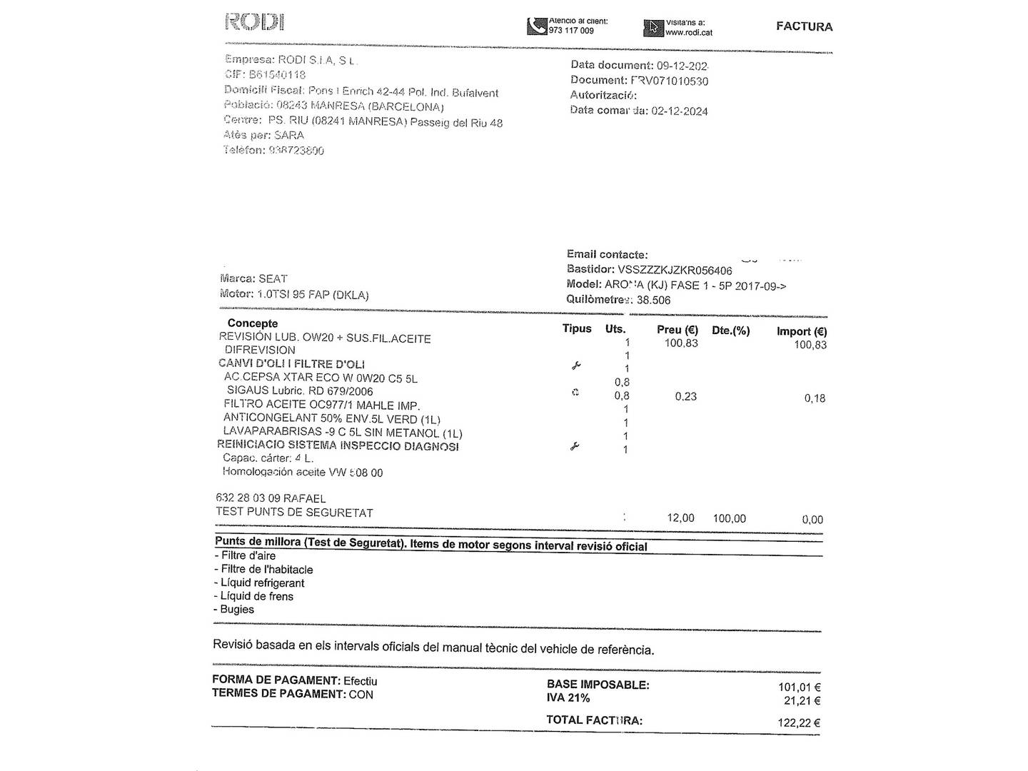 Foto del mantenimiento del Seat Arona Seat Arona 1.0 TSI Ecomotive S&S Style (95 CV)
