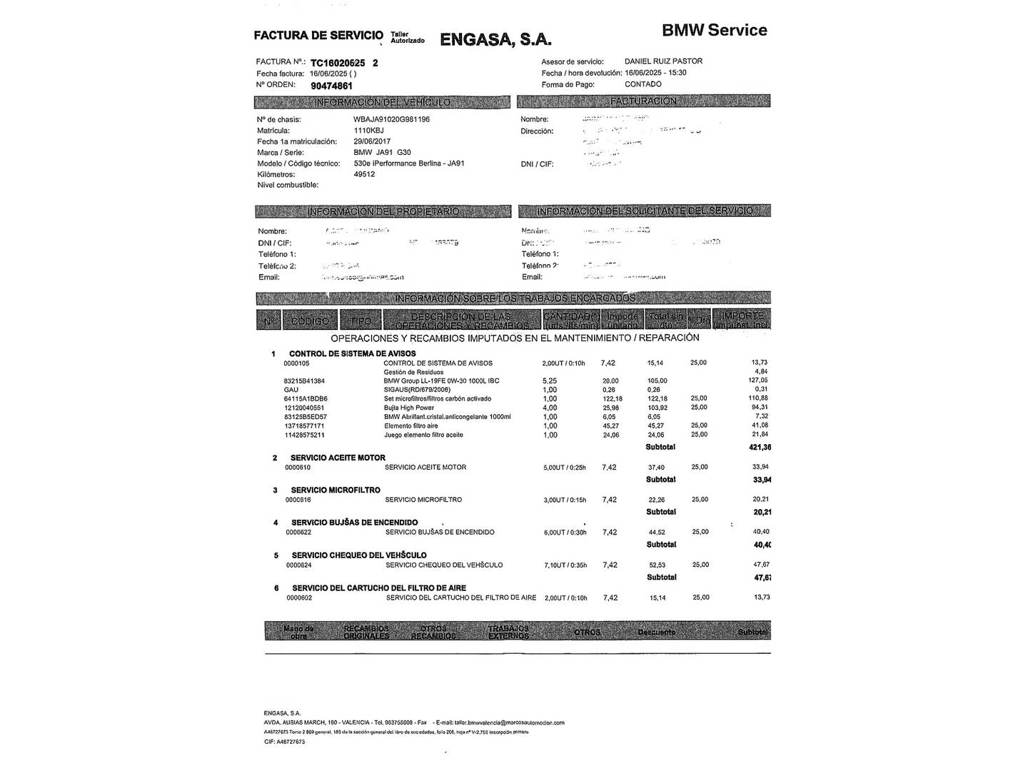 Foto del mantenimiento del BMW Serie 5 BMW Serie 5 530e iPerformance (252 CV)