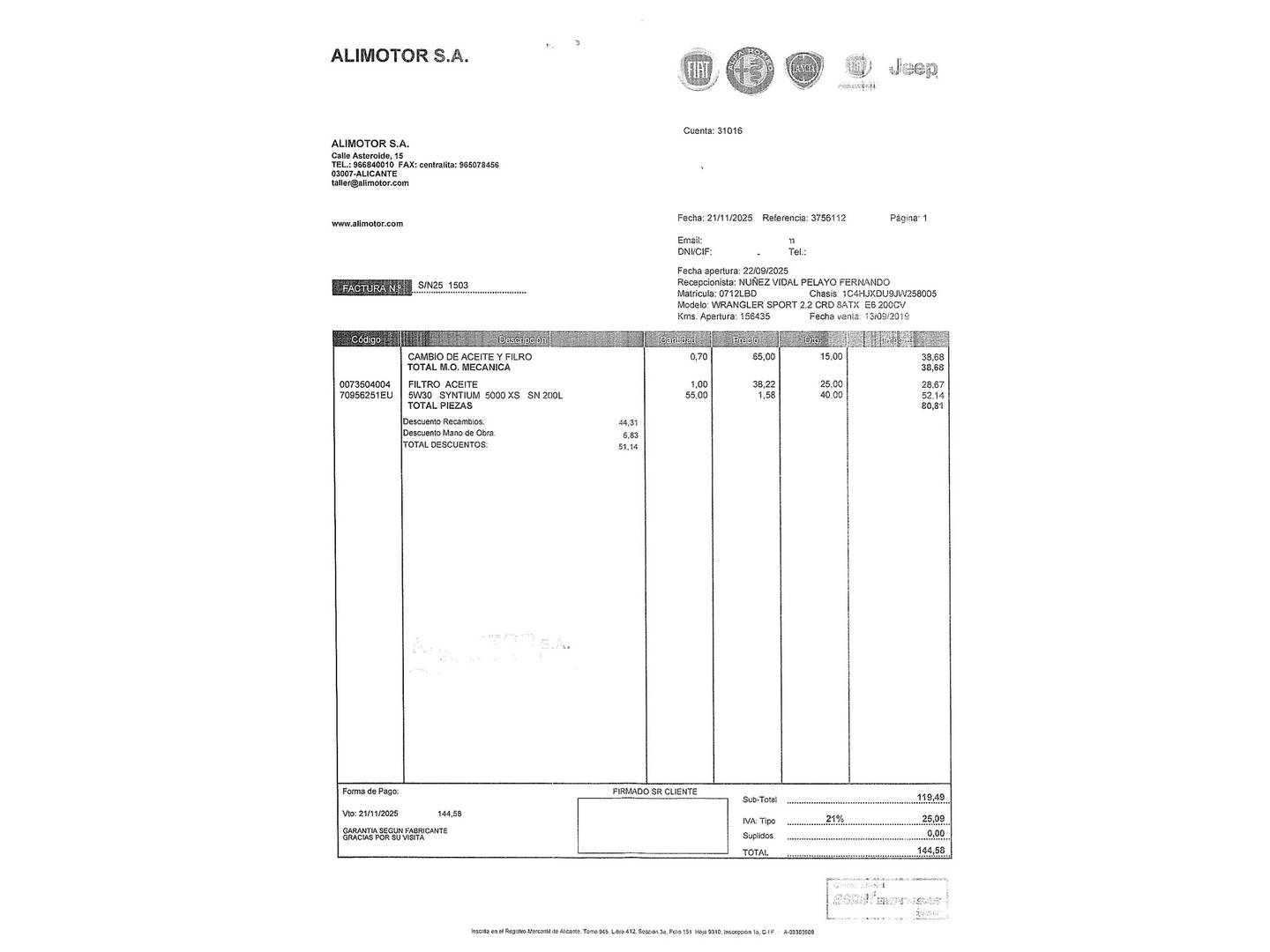 Foto del mantenimiento del Jeep Wrangler Jeep Wrangler 2.2 CRD Sport 8ATX (200 CV)