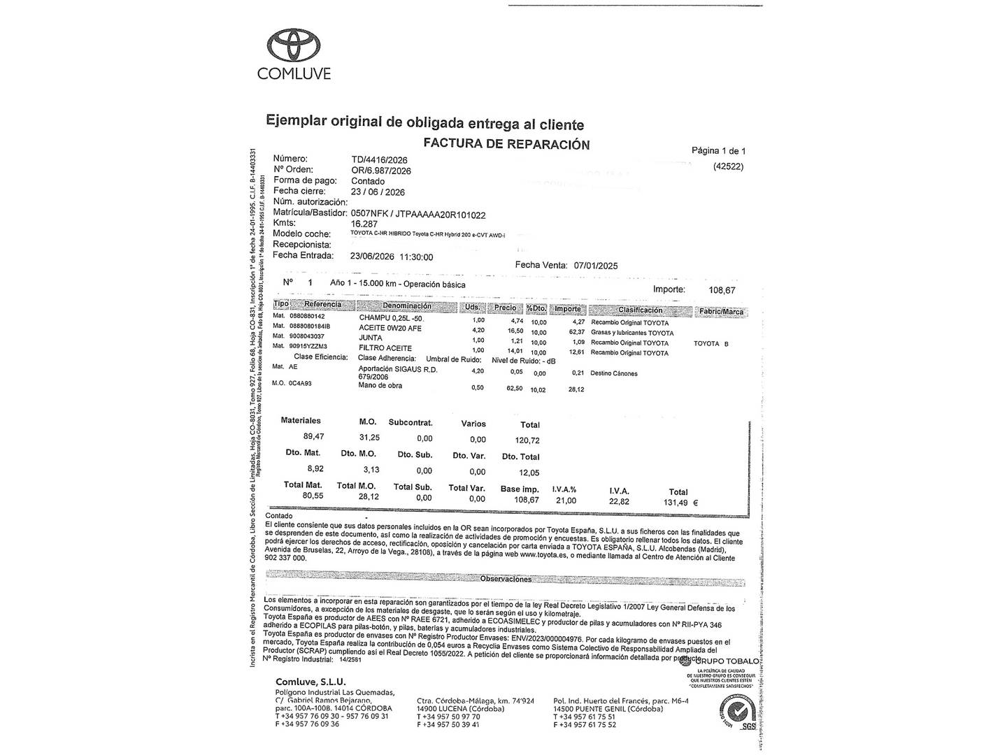 Foto del mantenimiento del Toyota C-HR Toyota C-HR 1.8 140H Active (140 CV)