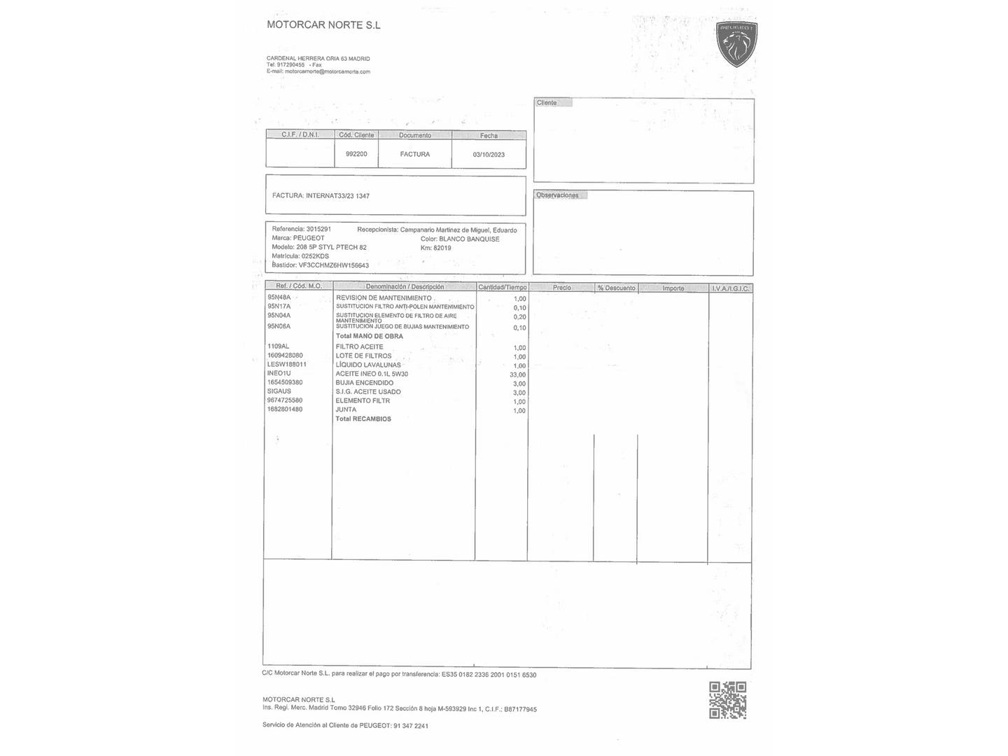Foto del mantenimiento del Peugeot 208 Peugeot 208 PureTech 82 Style (82 CV)