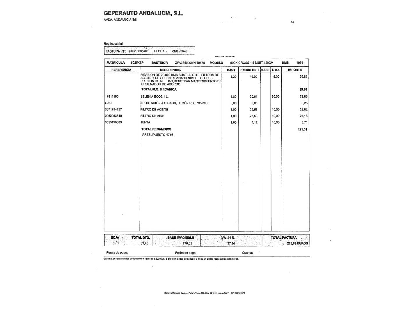 Foto del mantenimiento del Fiat 500X Fiat 500X 1.6 MultiJet Cross 4x2 (120 CV)