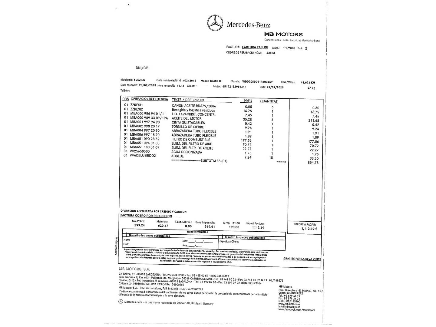 Foto del mantenimiento del Mercedes Clase C Mercedes Clase C 220 d (170 CV) Pack AMG