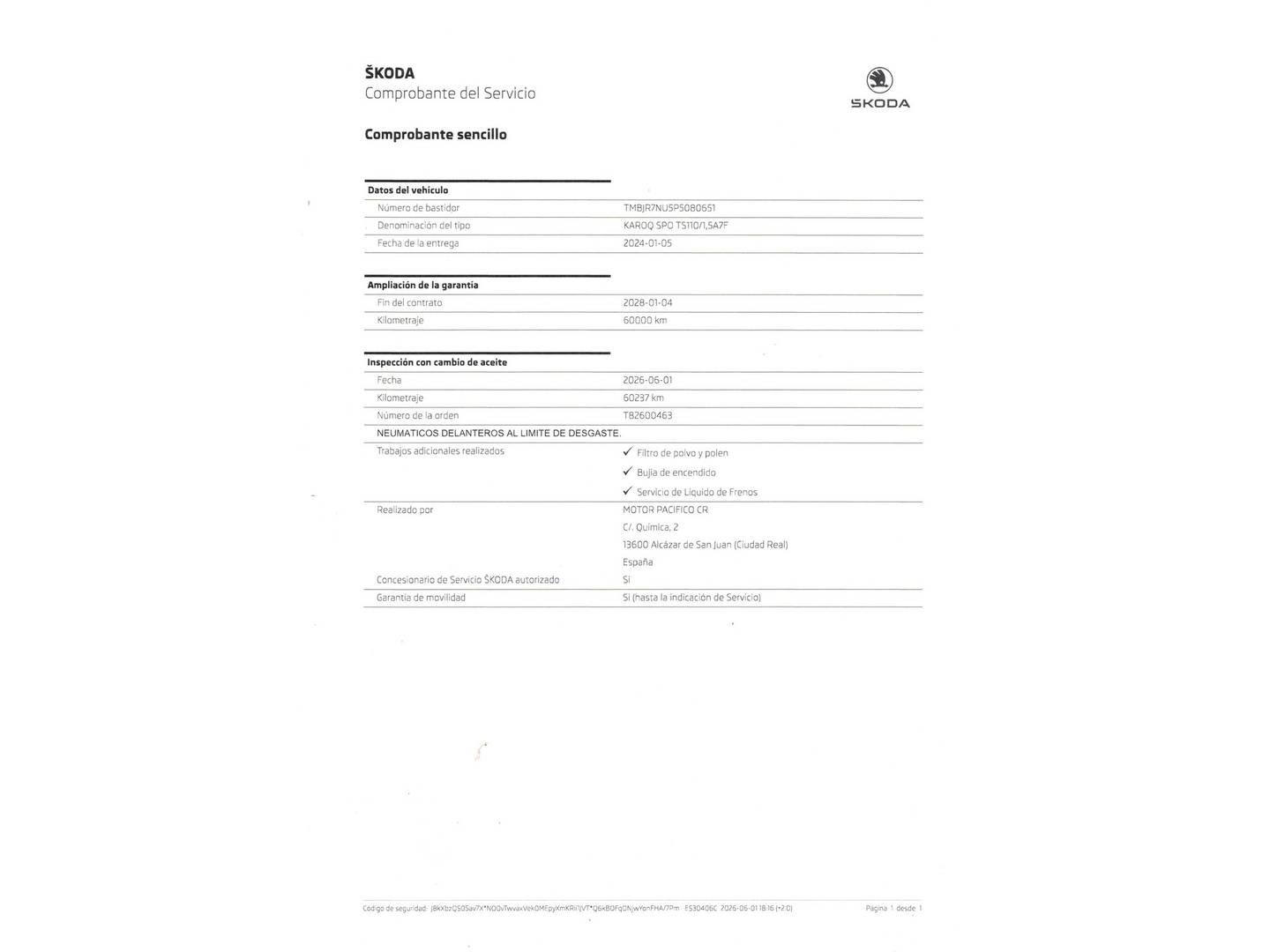 Foto del mantenimiento del Skoda Karoq Skoda Karoq 1.5 TSI ACT Sportline DSG (150 CV)