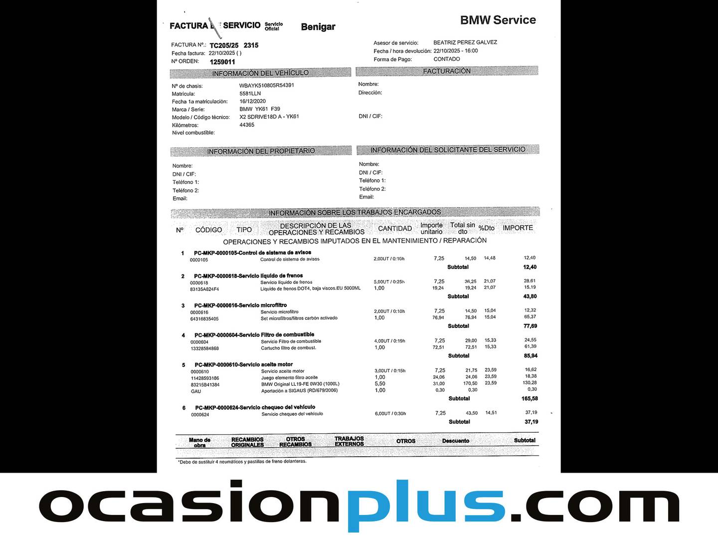 Foto del mantenimiento del BMW X2 BMW X2 sDrive18d (150 CV)