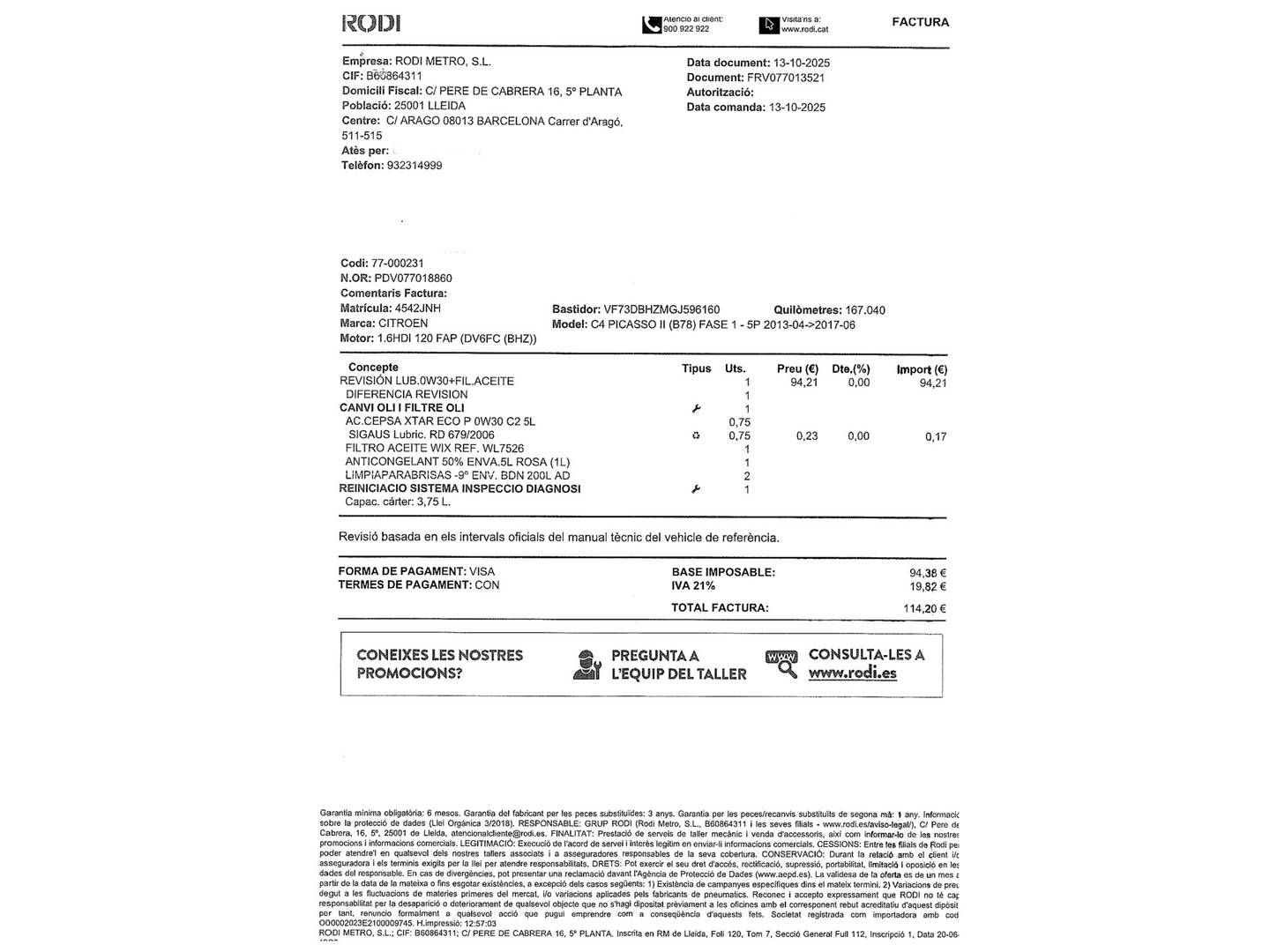 Foto del mantenimiento del Citroën C4 Picasso Citroën C4 Picasso BlueHDi 120 Feel (120 CV)