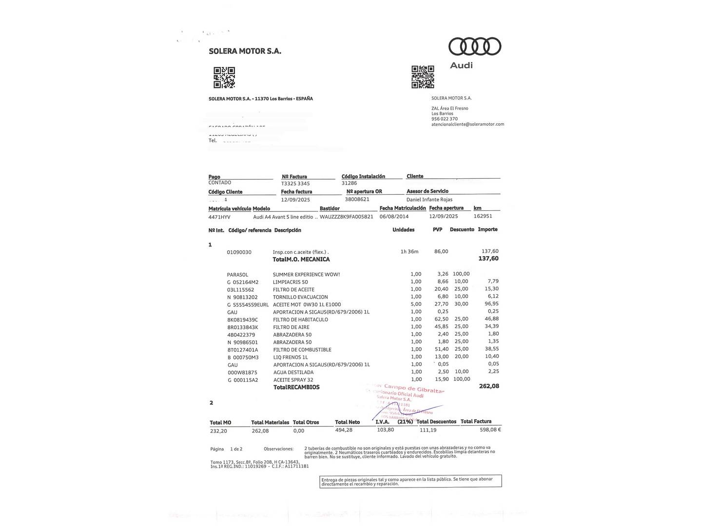 Foto del mantenimiento del Audi A4 Audi A4 Avant S line edition 2.0 TDI (177 CV) multitronic