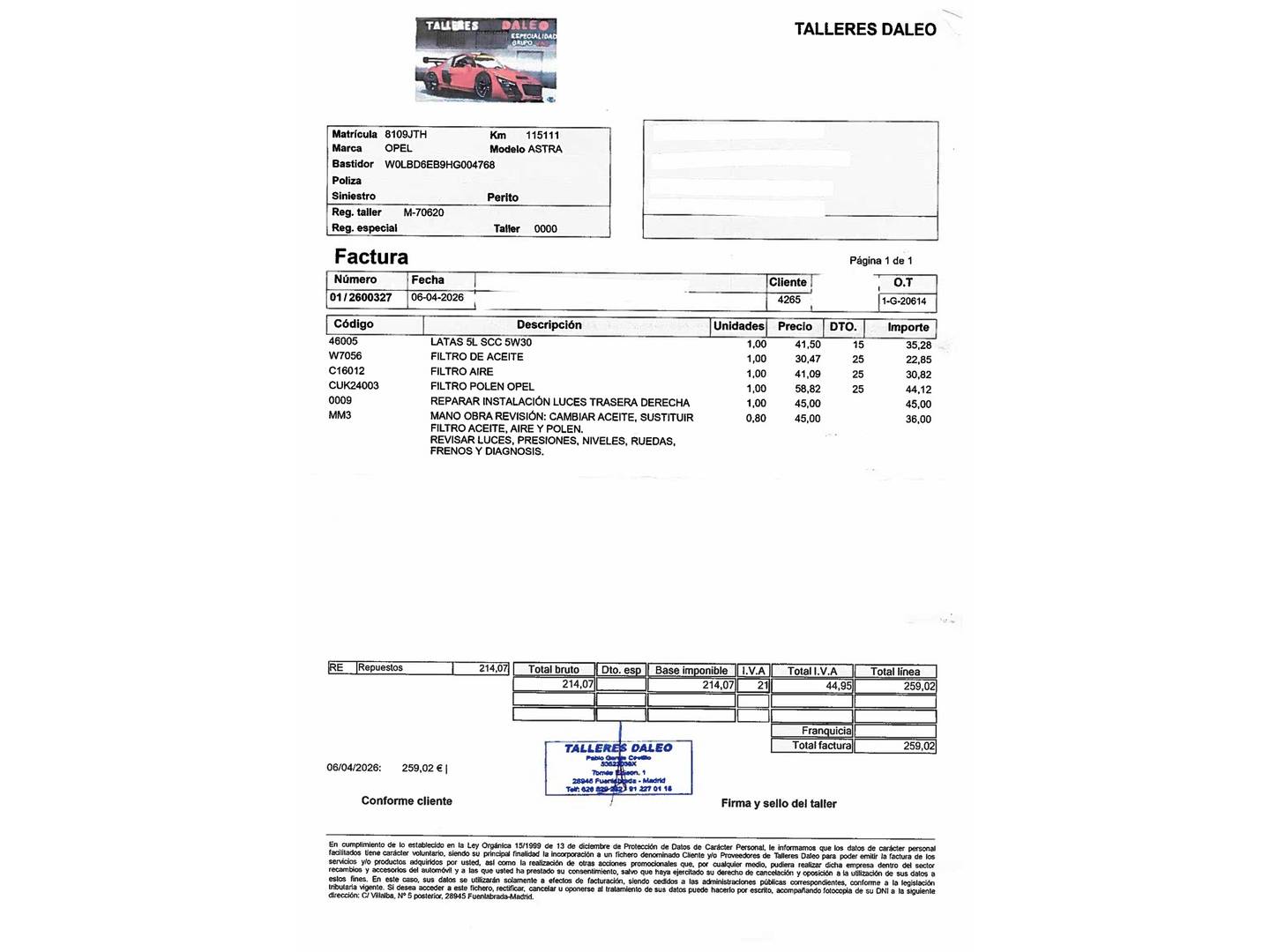 Foto del mantenimiento del Opel Astra Opel Astra 1.4 Turbo S&S Selective (125 CV)