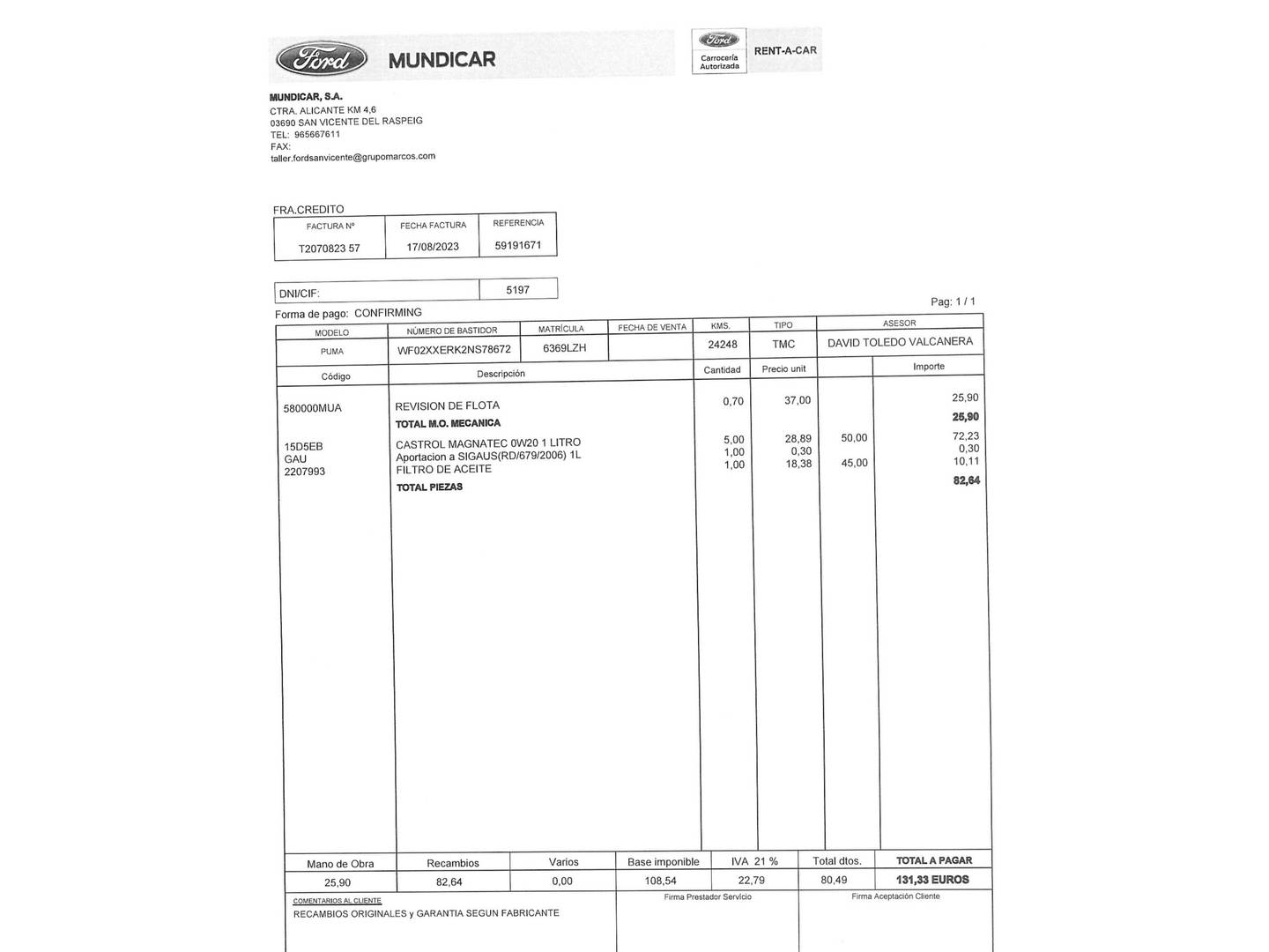 Foto del mantenimiento del Ford Puma Ford Puma 1.0 EcoBoost MHEV Titanium Design (125 CV)