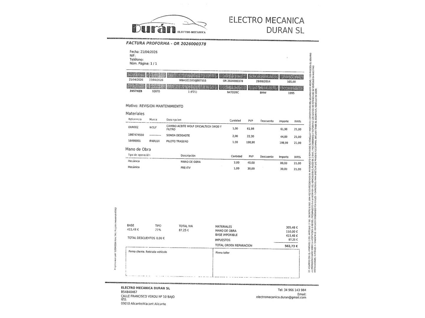 Foto del mantenimiento del BMW Serie 1 BMW Serie 1 118d (143 CV)