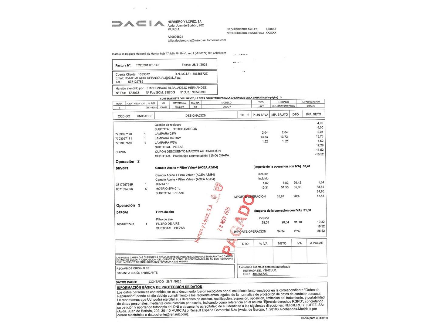 Foto del certificado del Dacia Lodgy Dacia Lodgy Laureate TCe (115 CV)