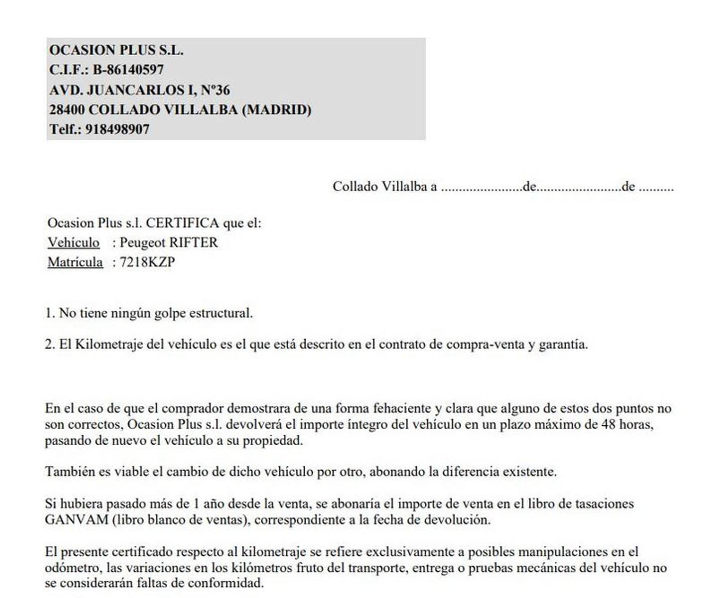 Foto del certificado del Peugeot Rifter Peugeot Rifter BlueHDi 130 S&S Allure Standard (130 CV)