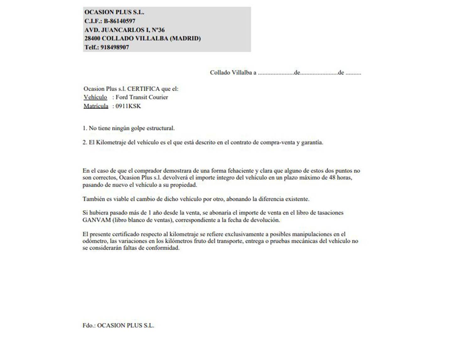 Foto del certificado del Ford Transit Courier Ford Transit Courier Kombi 1.5 TDCi Trend (100 CV)