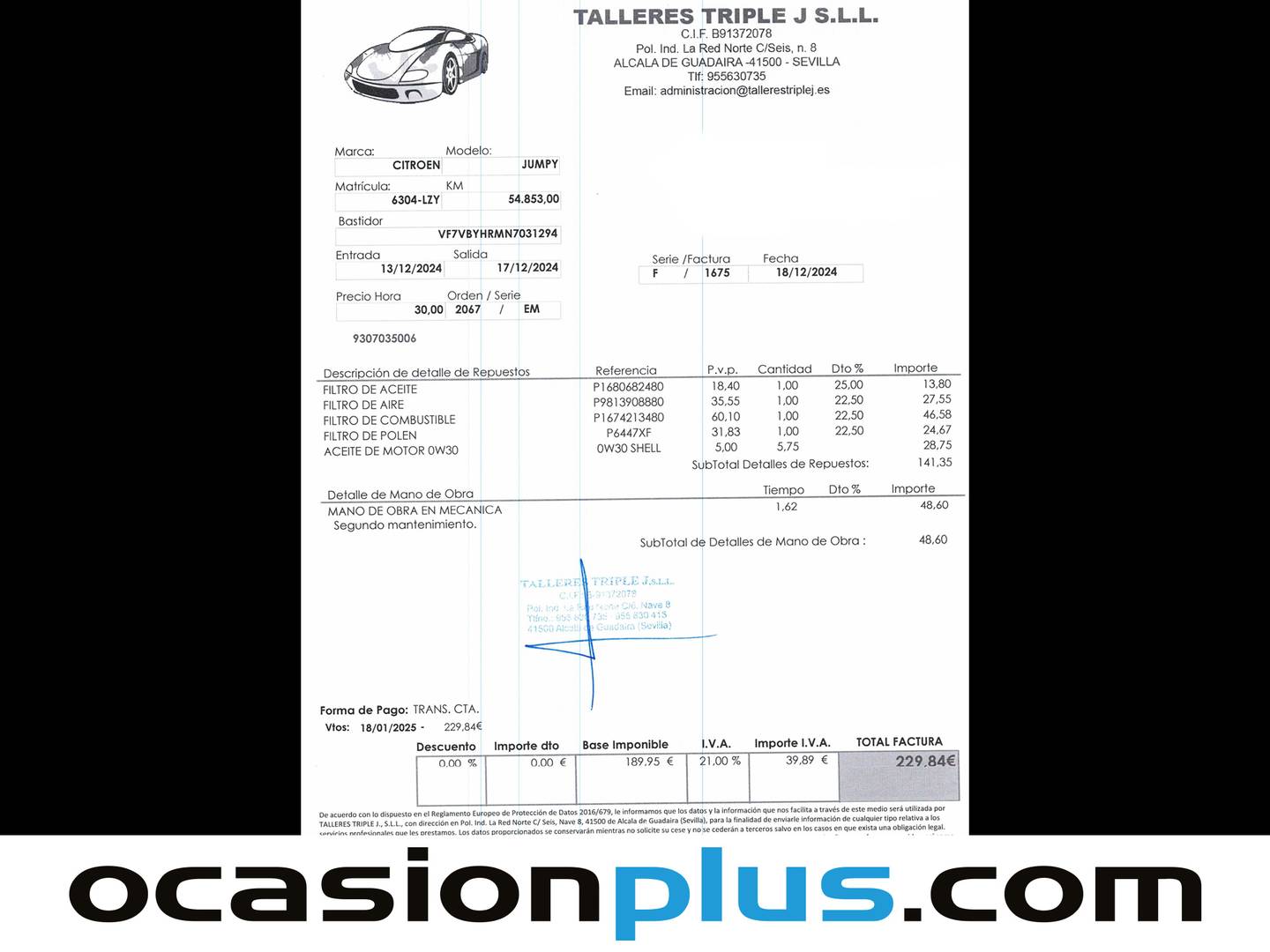 Foto del mantenimiento del Citroën Jumpy Citroën Jumpy Furgon BlueHDi 100 Talla XL (102 CV)
