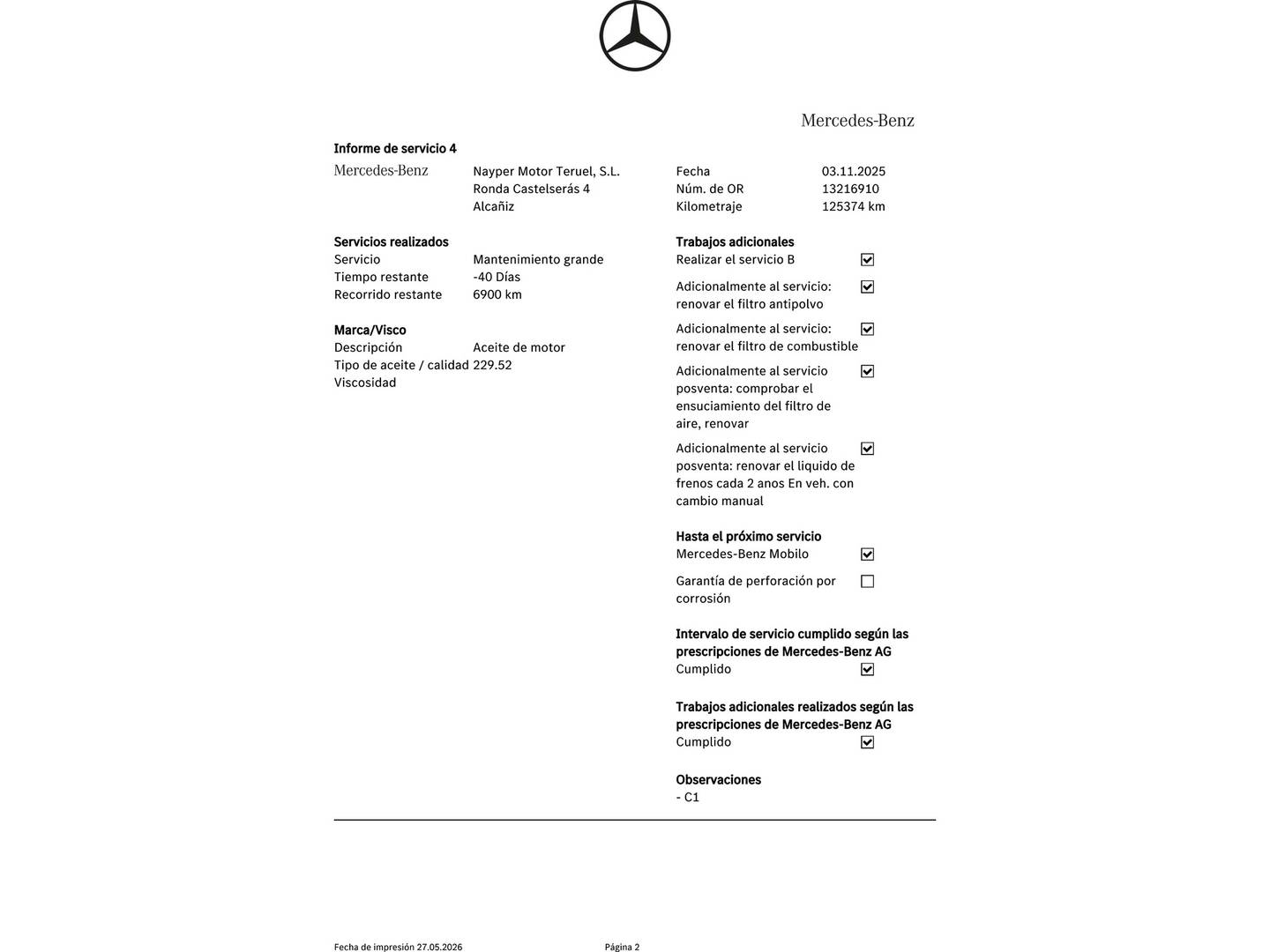 Foto del mantenimiento del Mercedes Clase V Mercedes Clase V 220 d Largo (163 CV) Camper 6 Plazas