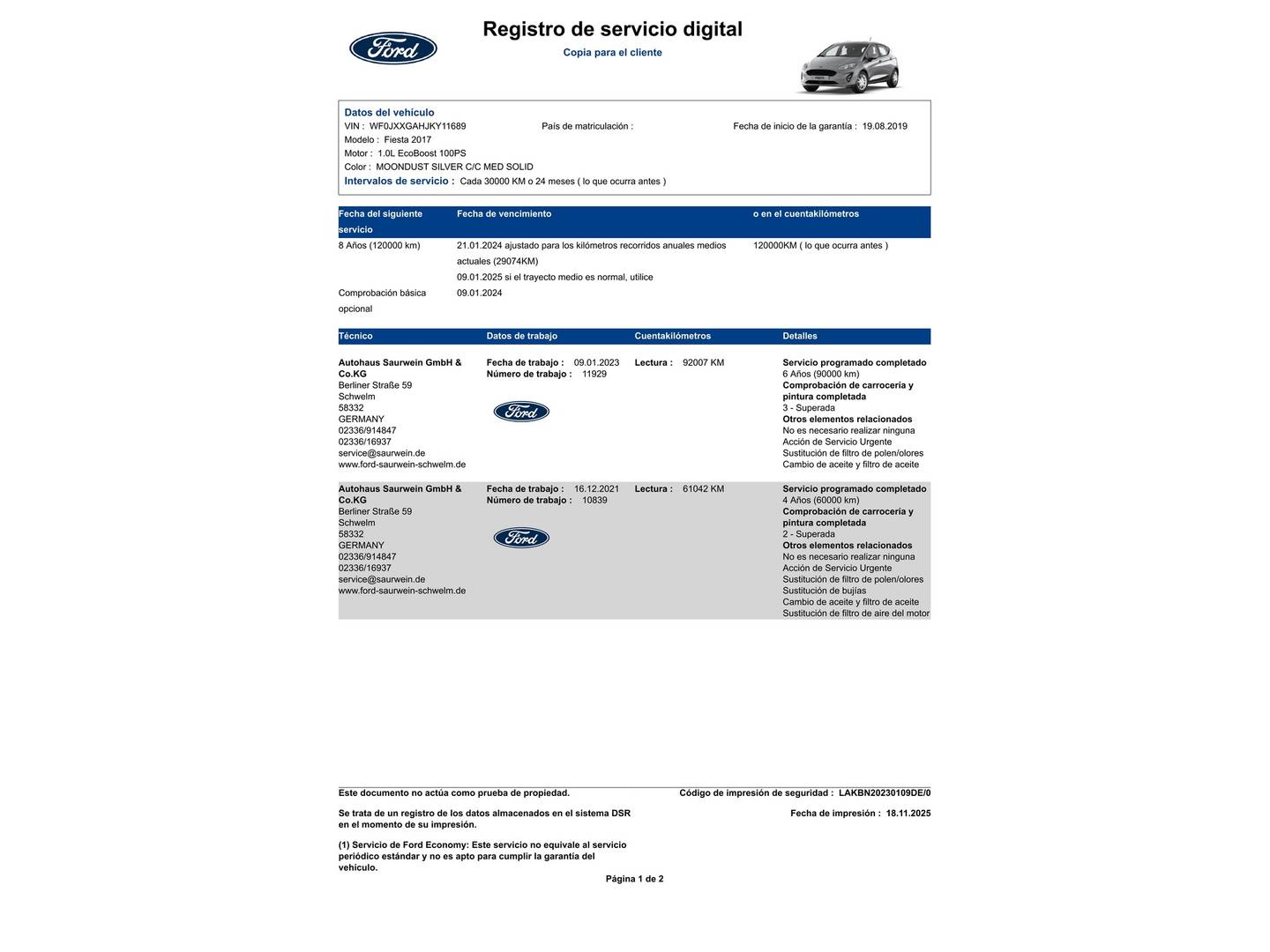 Foto del mantenimiento del Ford Fiesta Ford Fiesta 1.0 EcoBoost S&S Trend+ (100 CV)