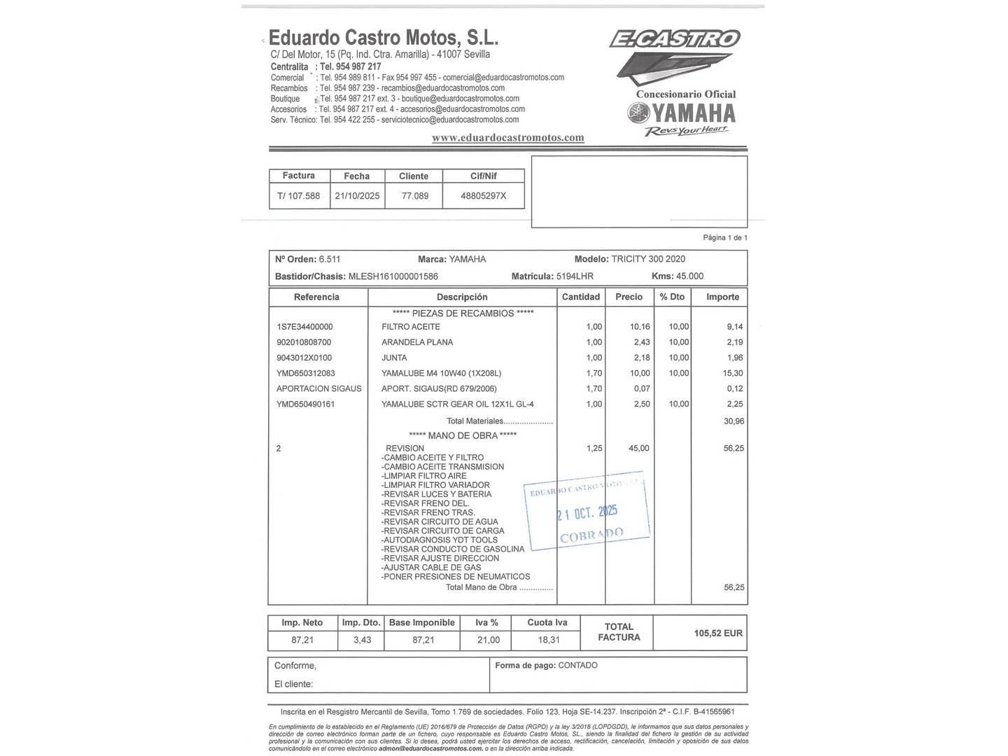 Foto del mantenimiento del Yamaha Tricity 300 Yamaha Tricity 300 (28 CV)