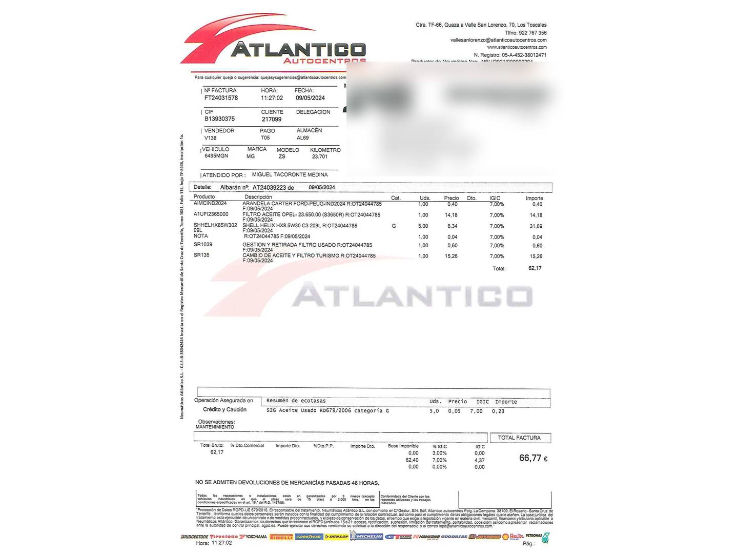Foto del mantenimiento del MG ZS MG ZS 1.0T Luxury Auto (111 CV)