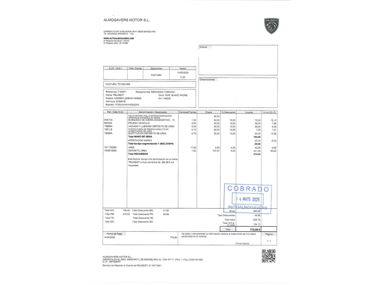 Foto del mantenimiento del Peugeot 3008 Peugeot 3008 BlueHDi 150 S&S GT Line (150 CV)
