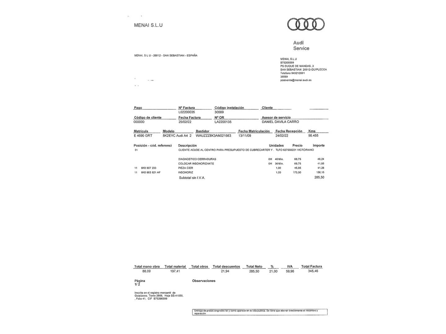 Foto del mantenimiento del Audi A4 Audi A4 2.0 TDI e DPF (136 CV)