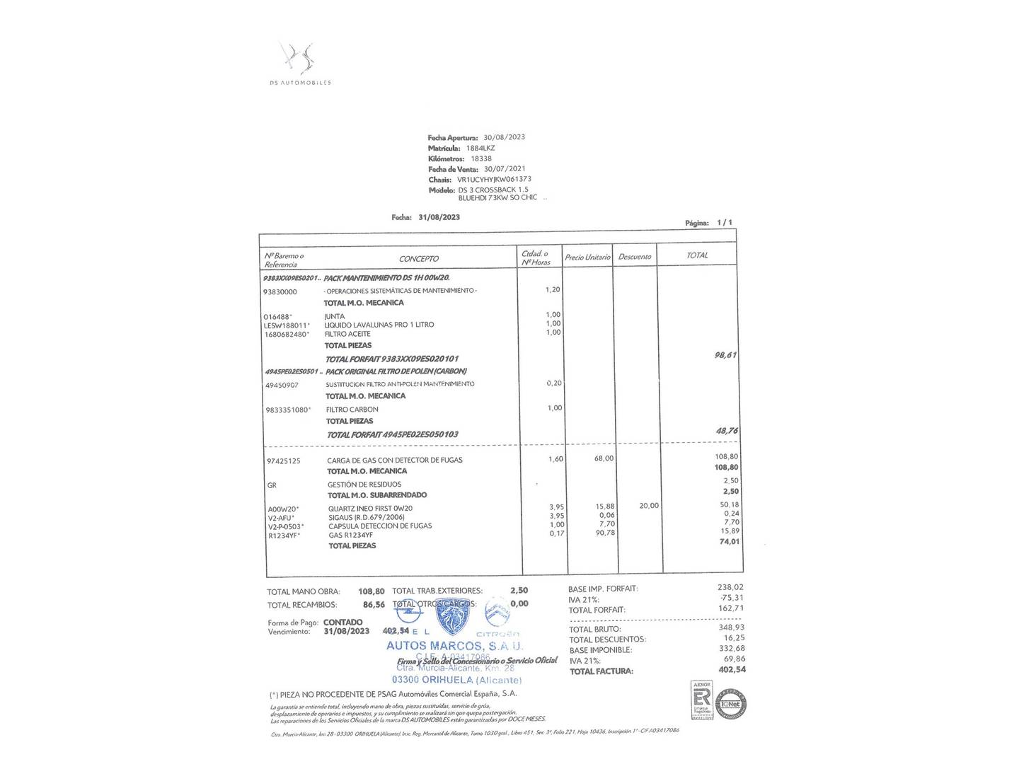 Foto del mantenimiento del DS DS 3 Crossback DS DS3 BlueHDi 100 So Chic (100 CV)