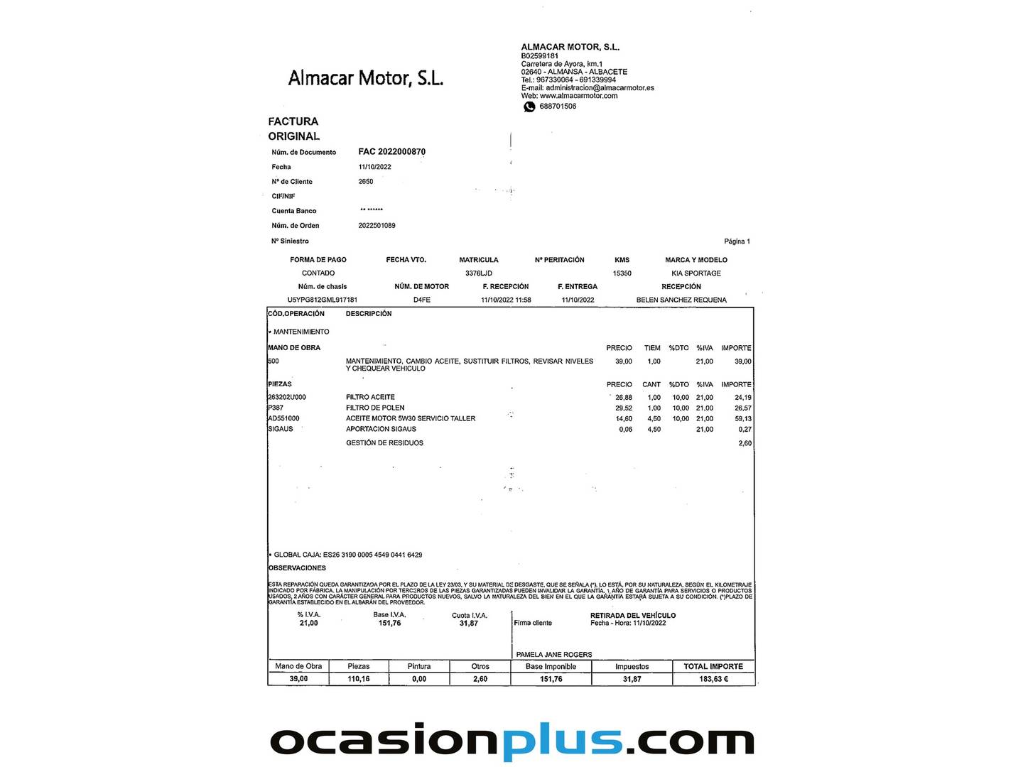 Foto del mantenimiento del KIA Sportage KIA Sportage 1.6 MHEV Business 4x2 DCT (136 CV)