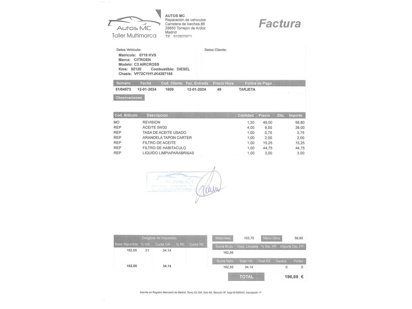 Foto del mantenimiento del Citroën C3 Aircross Citroen C3 Aircross BlueHDi 100 S&S Shine (102 CV)