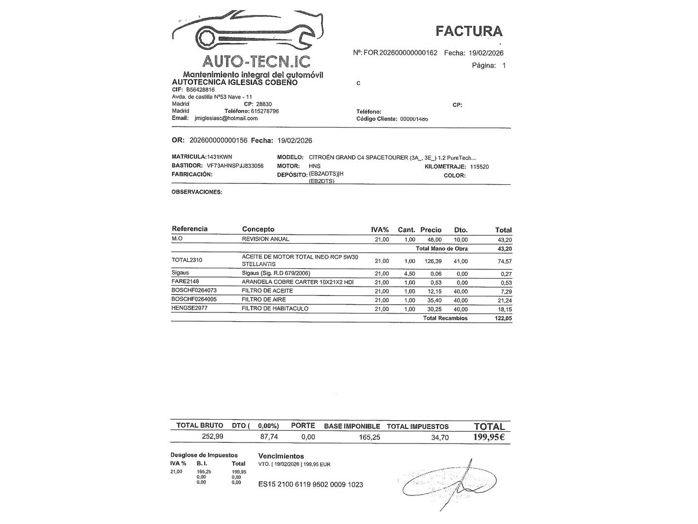 Foto del mantenimiento del Citroën Grand C4 Spacetourer Citroën Grand C4 Spacetourer PureTech 130 S&S 6v Feel (130 CV) 7 plazas