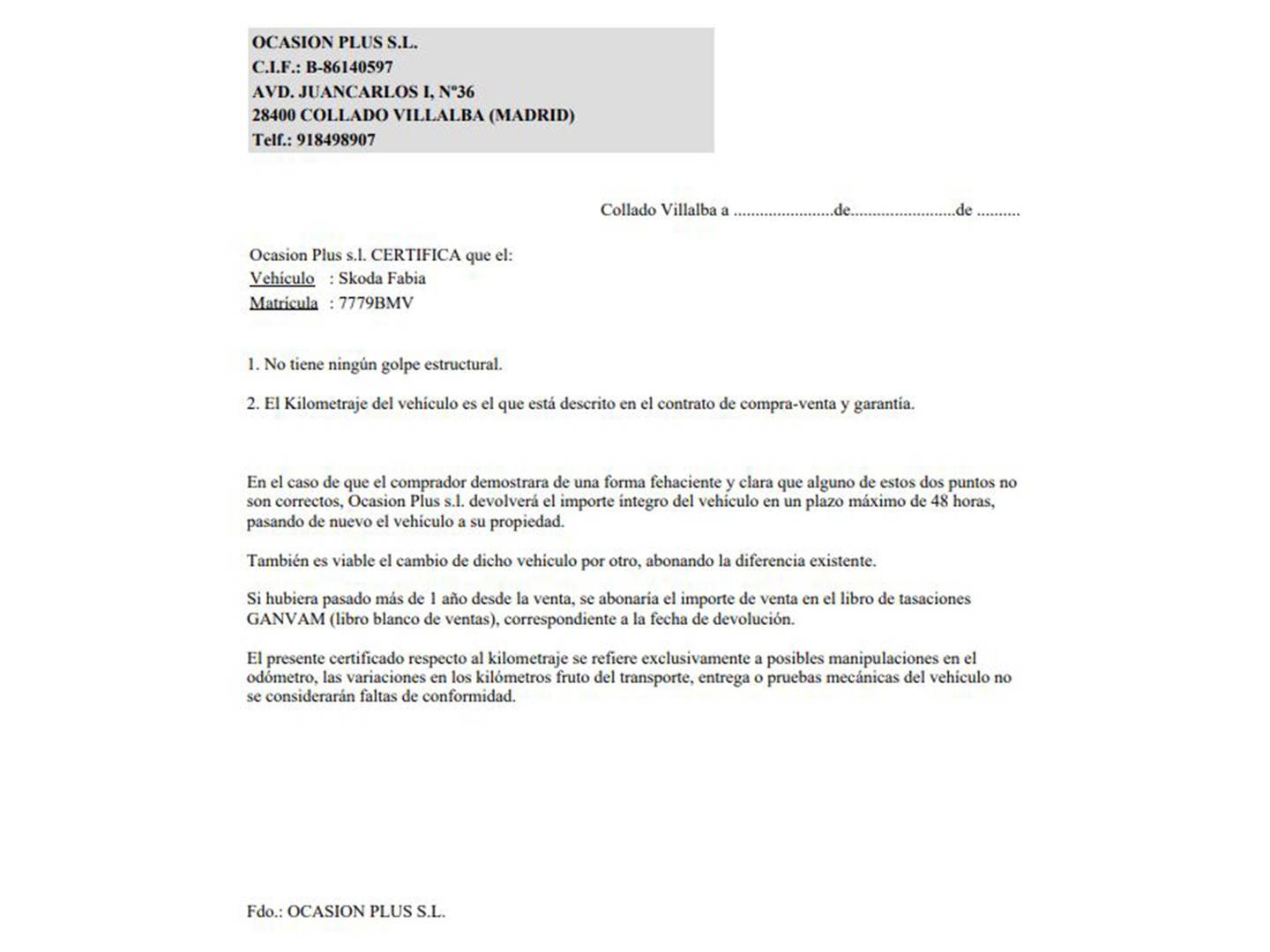 Foto del certificado del Skoda Fabia Skoda Fabia 1.9 TDI Comfort (101 CV)