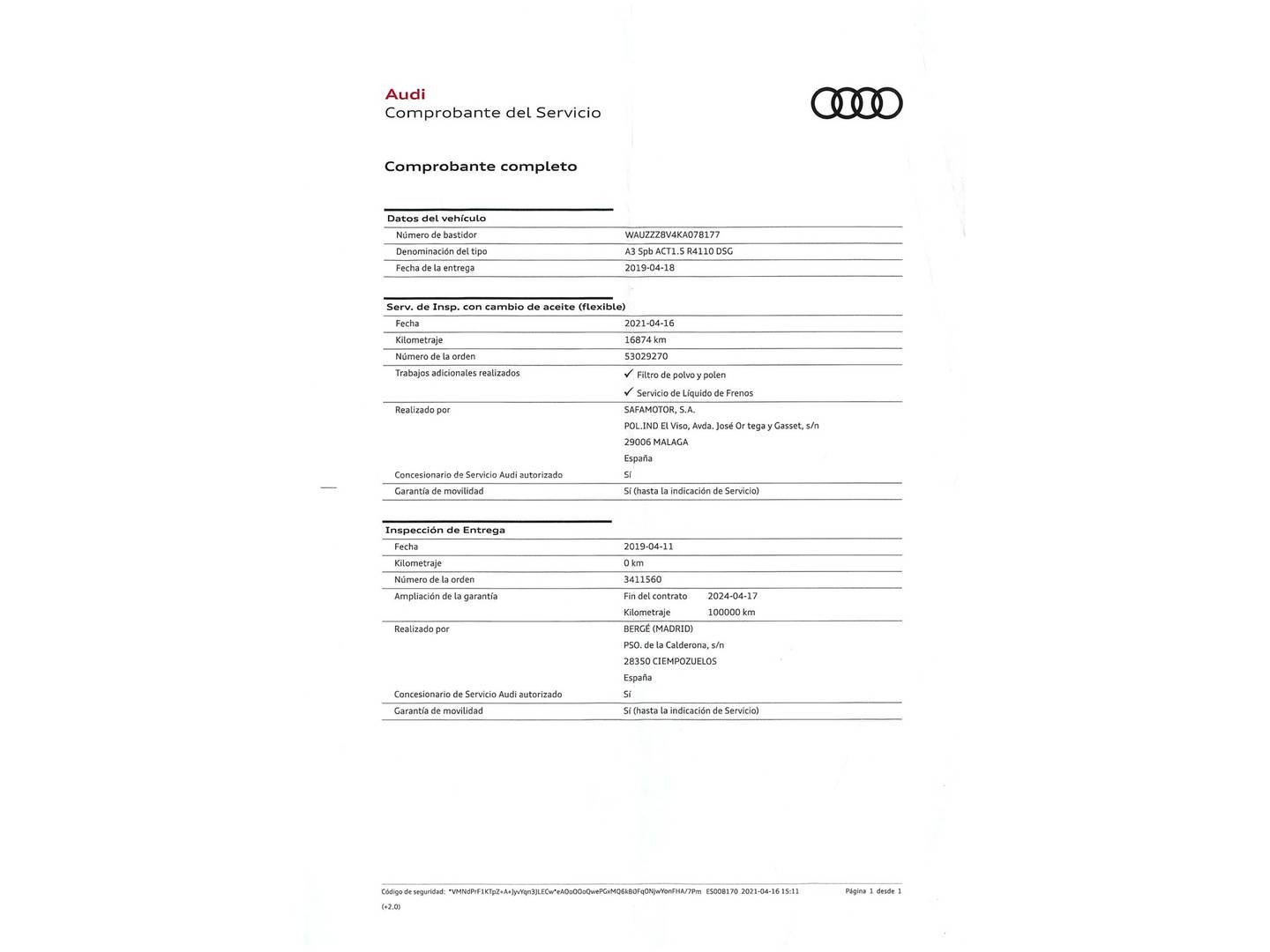 Foto del mantenimiento del Audi A3 Audi A3 Sportback S line 35 TFSI (150 CV) S tronic