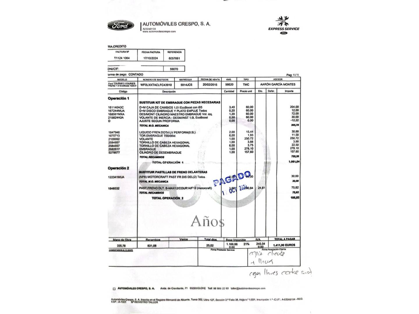 Foto del mantenimiento del Ford Tourneo Courier Ford Tourneo Courier 1.0 EcoBoost Trend (100 CV)