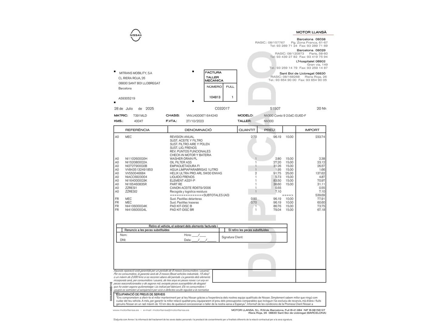Foto del mantenimiento del Nissan Primastar NISSAN Primastar Combi 9 2.0dCi (150CV) L2H1 1T Acenta