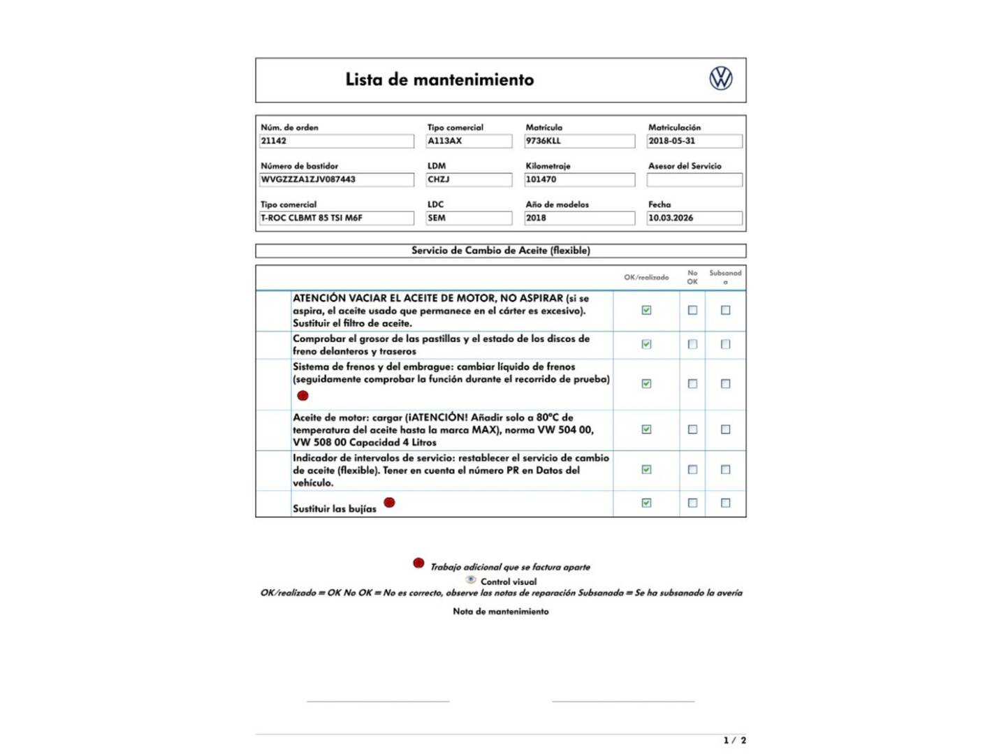 Foto del mantenimiento del Volkswagen T-Roc Volkswagen T-Roc Advance 1.0 TSI (115 CV)