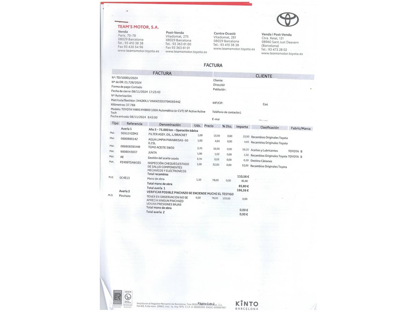 Foto del mantenimiento del Toyota Yaris Toyota Yaris 1.5 100H Active (100 CV)
