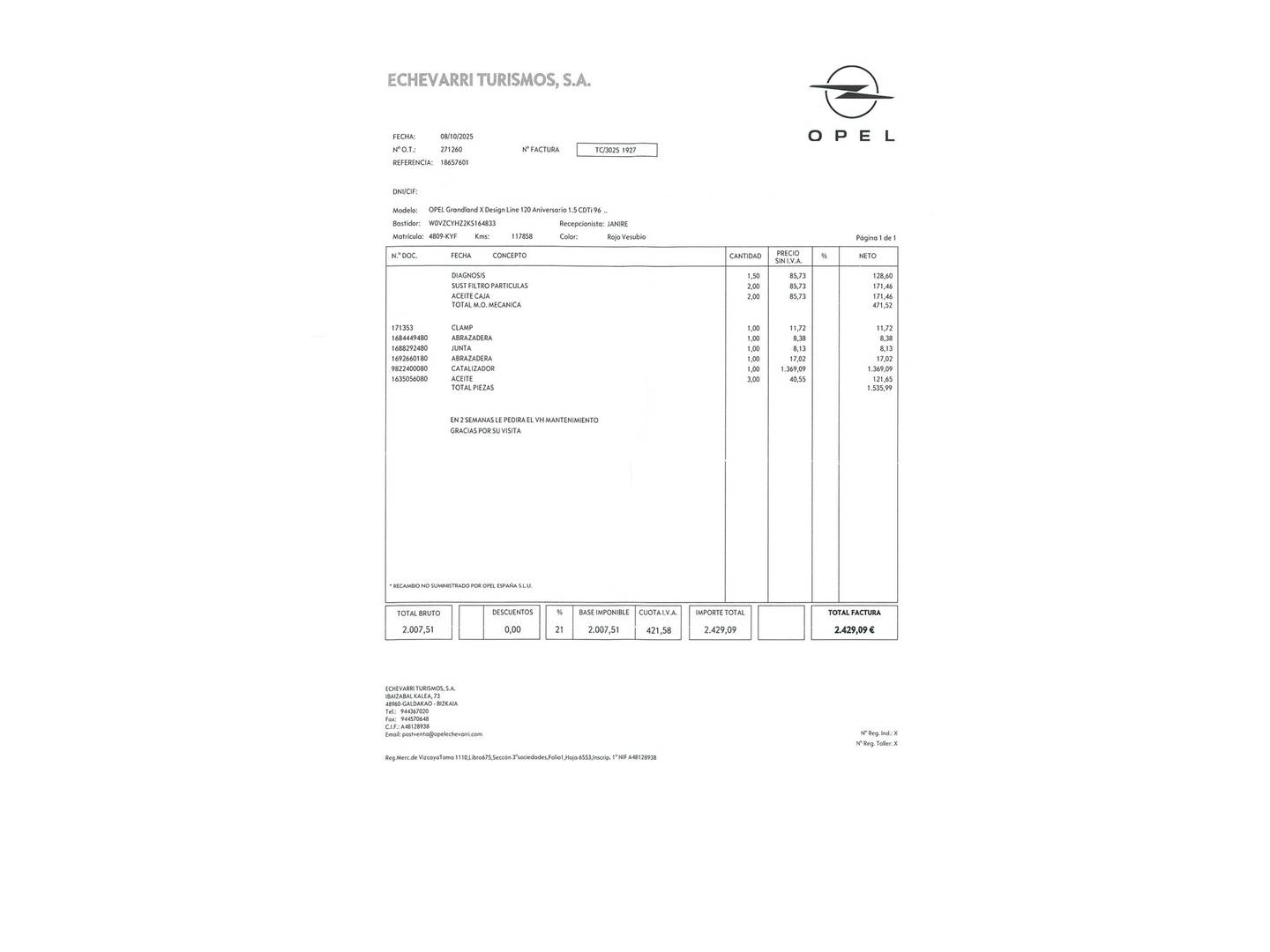 Foto del mantenimiento del Opel Grandland X Opel Grandland X 1.5 CDTi 120 Aniversario Auto (130 CV)