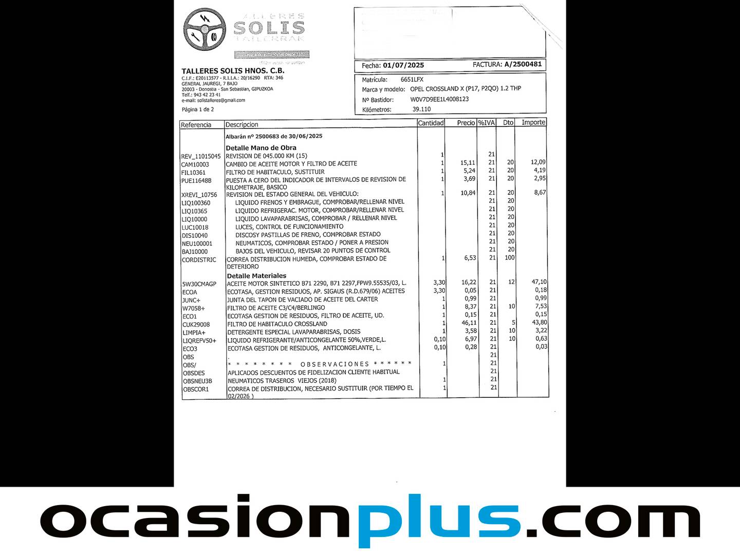 Foto del mantenimiento del Opel Crossland X Opel Crossland X 1.2 Edition (81 CV)