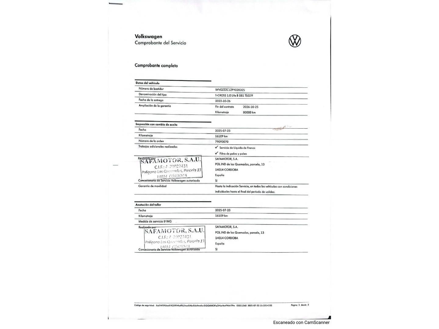 Foto del mantenimiento del Volkswagen T-Cross Volkswagen T-Cross Advance 1.0 TSI (110 CV) DSG