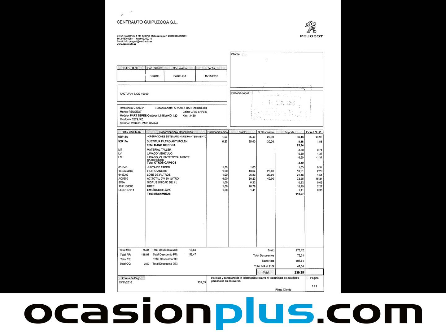 Foto del mantenimiento del Peugeot Partner Peugeot Partner Tepee Combi 1.6 BlueHDI Outdoor BlueHDi (120 CV)