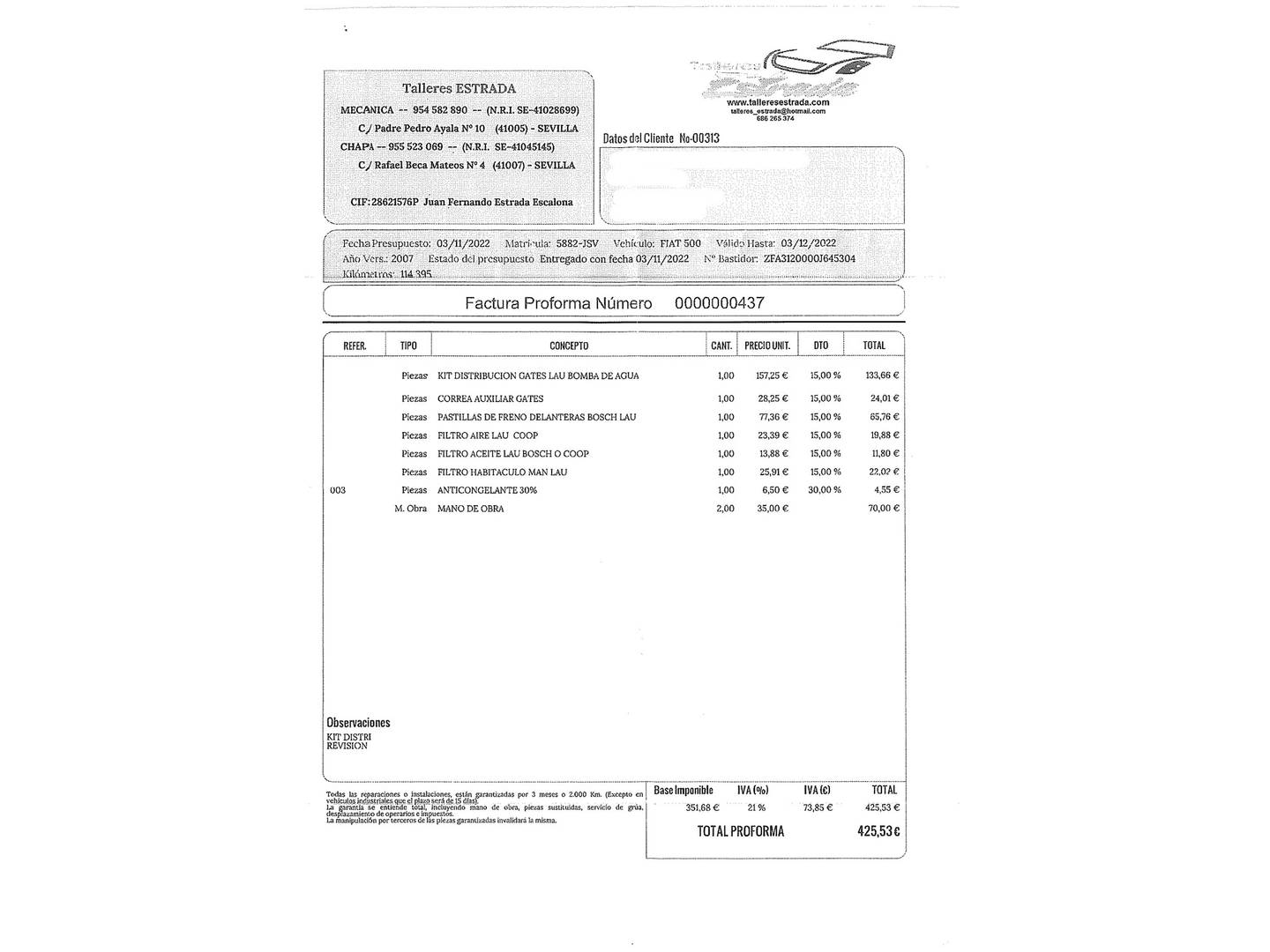 Foto del mantenimiento del Fiat 500 Fiat 500 1.2 8v Lounge (69 CV)