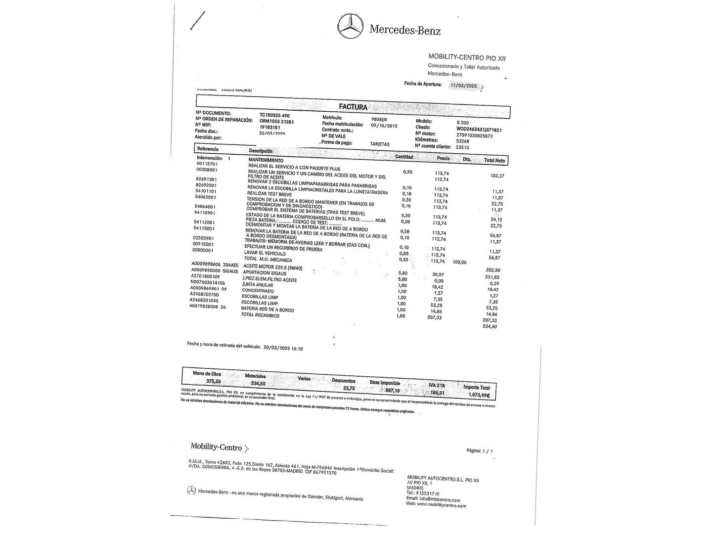 Foto del mantenimiento del Mercedes Clase B Mercedes Clase B B 200 (156 CV)