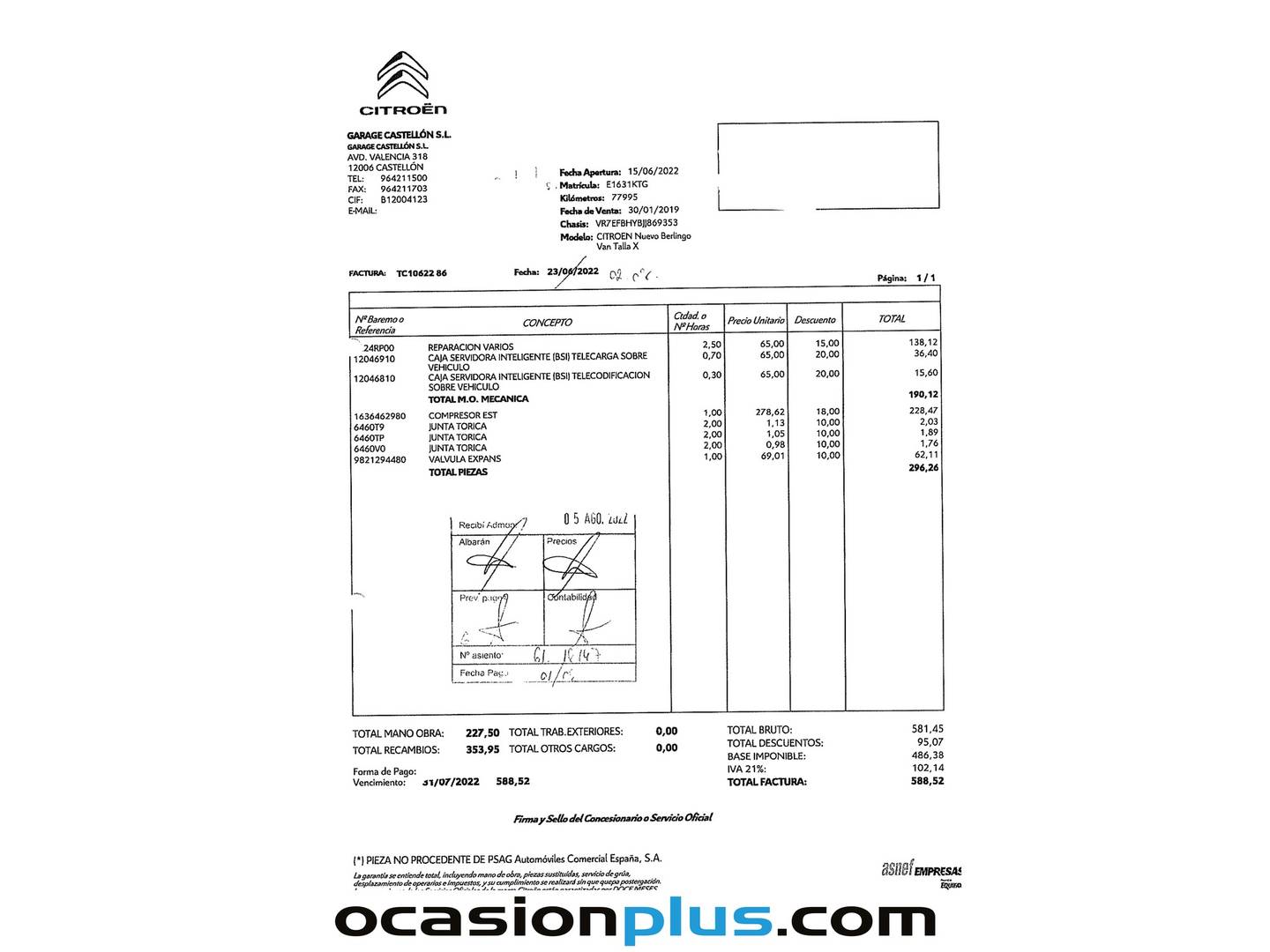 Foto del mantenimiento del Citroën Berlingo Citroën Berlingo BlueHDi 100 Talla XL Club (100 CV)